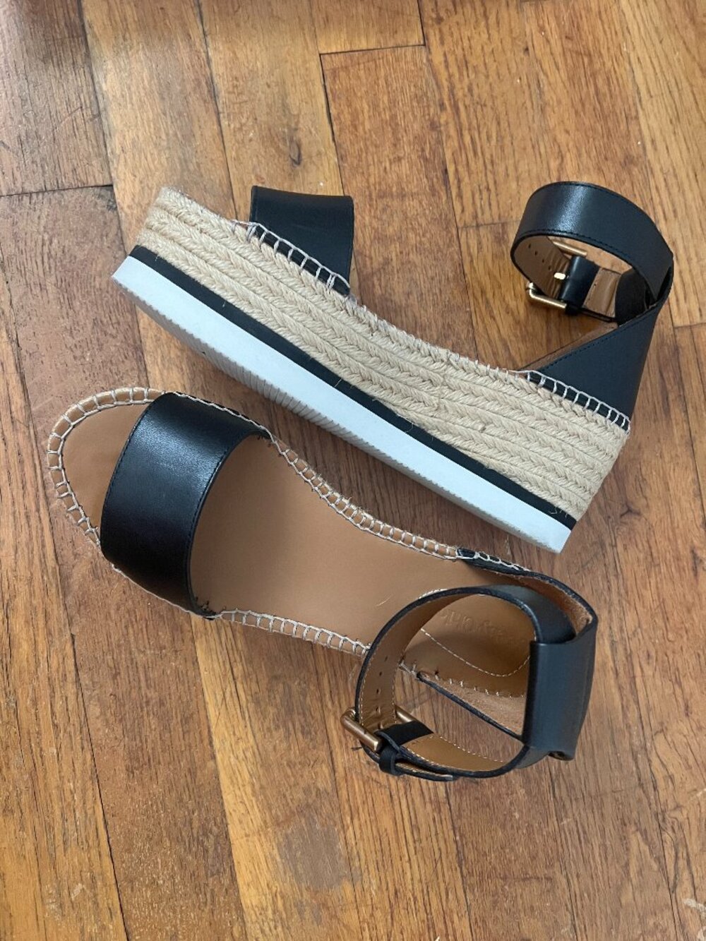 See by Chloé Glyn Black Leather Platform Espadrille Wedge Sandals 37